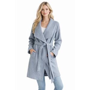 A New Day Womens Large Thick Herringbone Belted Knit Wrap Coat W/Pockets Blue